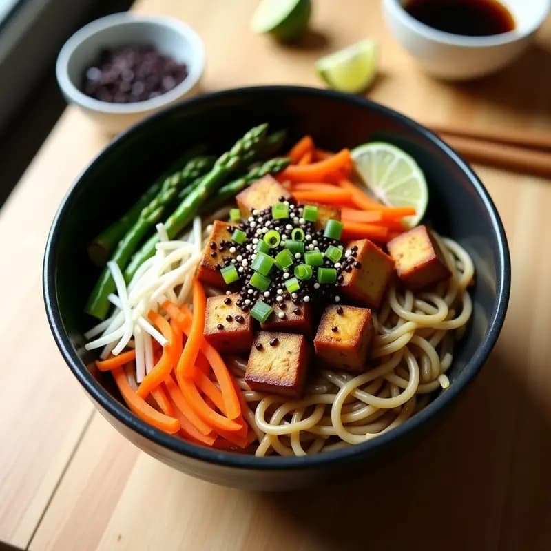 Bowl de cerámica blanca con fideos soba fríos como base, tofu dorado marinado en cubos, espárragos trigueros y zanahoria morada al vapor, brotes de soja, semillas de sésamo y algas nori. Plato japonés vegano sin cocción, colorido y equilibrado.
