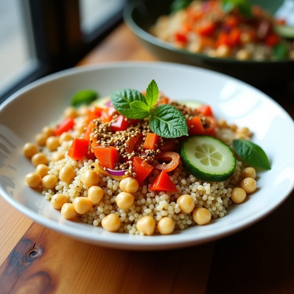 Bowl colorido con sorgo perlado como base, garbanzos dorados y crujientes, pimiento rojo asado en tiras, pepino en cubos, cebolla morada en juliana y hierbabuena fresca. Todo regado con un aderezo brillante de zaatar y decorado con semillas de sésamo tostadas. Plato de cerámica blanca sobre fondo rústico de madera.