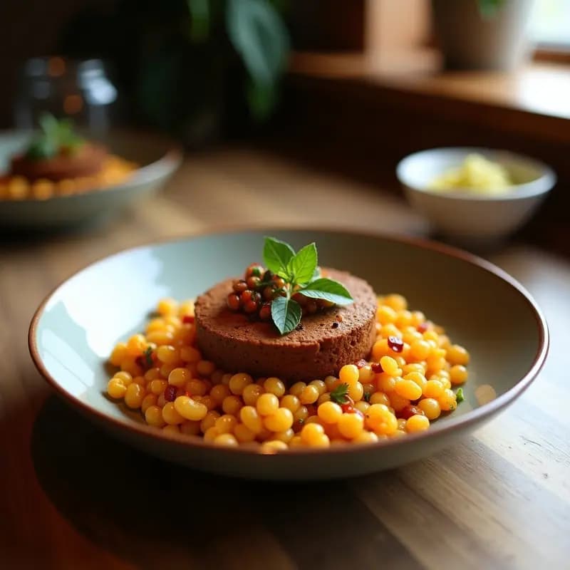 Bowl de teff integral con berenjena asada dorada, salsa de tamarindo brillante y semillas de sésamo, decorado con perejil fresco. Un desayuno etíope keto colorido y apetitoso.