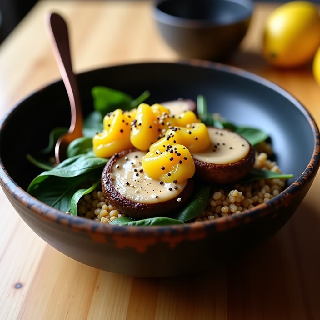 Bowl rústico de cerámica negra con base de teff integral y espinacas, champiñones portobello asados en láminas, salsa de tahini cremosa, pulpa de granadilla y semillas de sésamo tostadas. Receta de desayuno etiopio keto, sin gluten y vegano.