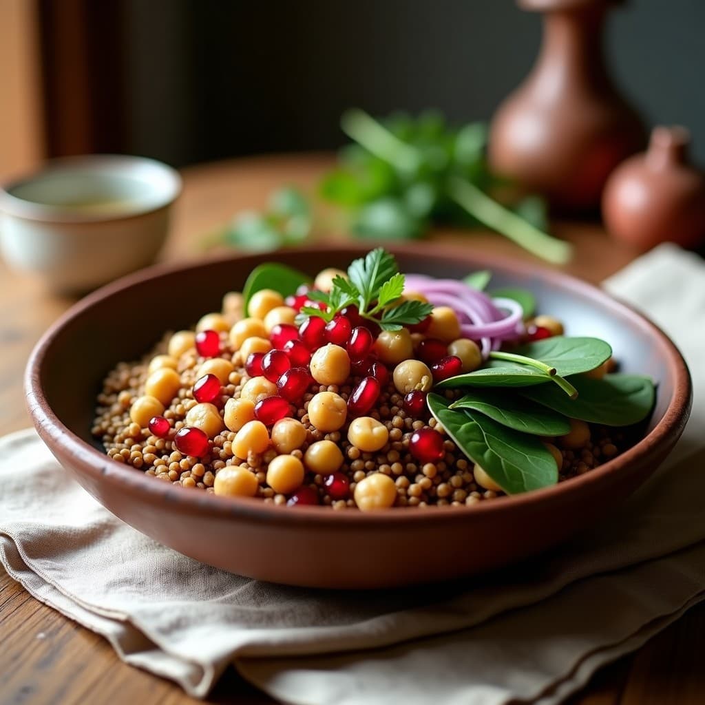 Bowl colorido con base de teff integral, garbanzos tostados dorados, espinacas frescas, semillas de granada rojas brillantes, cebolla morada en juliana, almendras fileteadas y perejil. La vinagreta de granada con tahini baña el plato, resaltando los colores vibrantes. Plato de desayuno etíopio alto en hierro, servido en un bol de barro rústico sobre una mesa de madera.