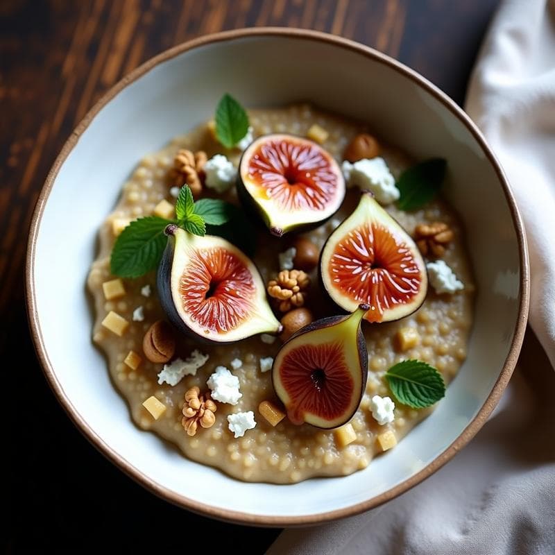 Bowl de teff dorado en un plato hondo de barro, coronado con higos caramelizados brillantes, trozos de queso de cabra blanco y nueces picadas. Decorado con semillas de chía y un hilo de miel. Fondos neutros y luz natural.