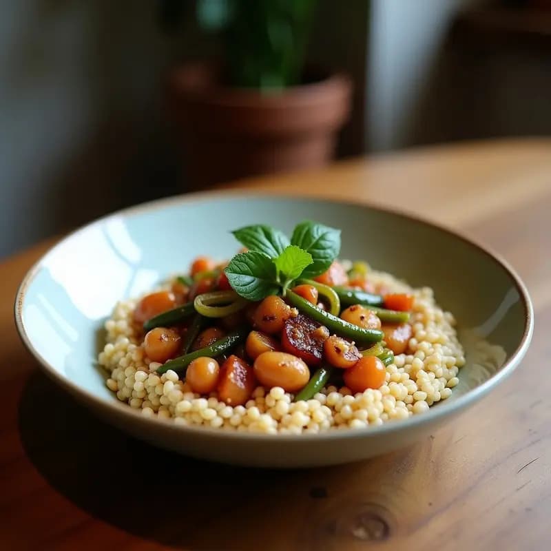 Bowl colorido con base de teff cocido, rodajas de pepino asado dorado, espinacas frescas, tomates cherry y cebolla morada, coronado con salsa cremosa de tahini y limón y semillas de sésamo. Plato de desayuno etíope vegano saludable y sin gluten.