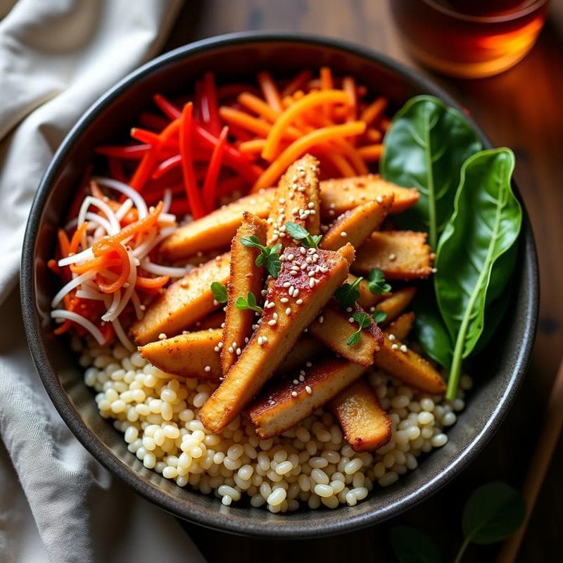 Bowl colorido con base de teff esponjoso, tiras de pollo dorado glaseado con miso, zanahoria y pimiento salteados, kimchi vibrante y semillas de sésamo. Receta etíope-japonesa alta en hierro.
