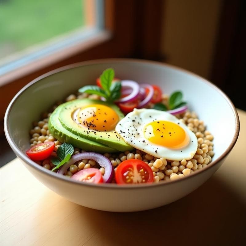 Bowl hondo de cerámica blanca con base de trigo sarraceno cocido, cubos de aguacate cremoso, huevo pochado con yema líquida, tomates cherry rojos, cebolla morada en juliana, semillas de girasol y perejil fresco. Plato colorido y apetecible, ideal para un desayuno sin gluten y proteico.