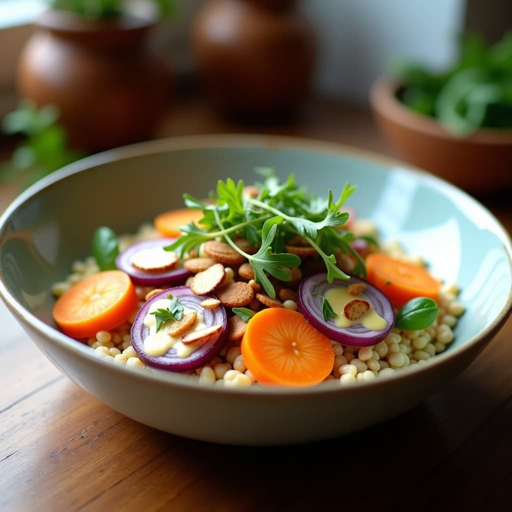 Bowl colorido con base de trigo sarraceno, raíces de apio al vapor en juliana, zanahoria morada y cebolla morada salteada, rúcula fresca y almendras tostadas. Aderezo cremoso de mostaza de Dijon vertido por encima. Plato saludable, vegano y alto en fibra.