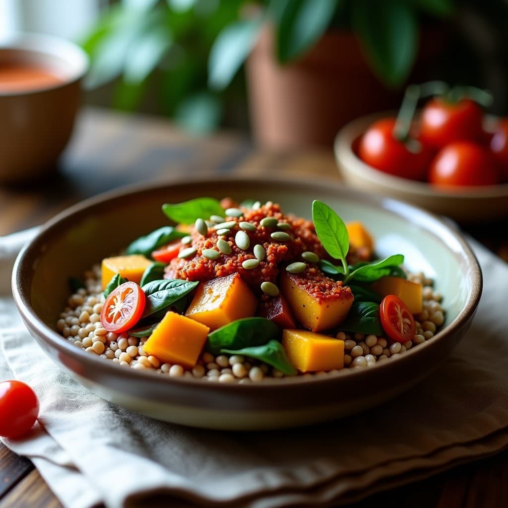 Bowl hondo de cerámica negra con trigo sarraceno cocido, cubos de berenjena asada dorada, salsa de tomate seco cremosa, cebolla morada picada, perejil fresco y almendras fileteadas tostadas. Receta rusa vegana sin gluten.
