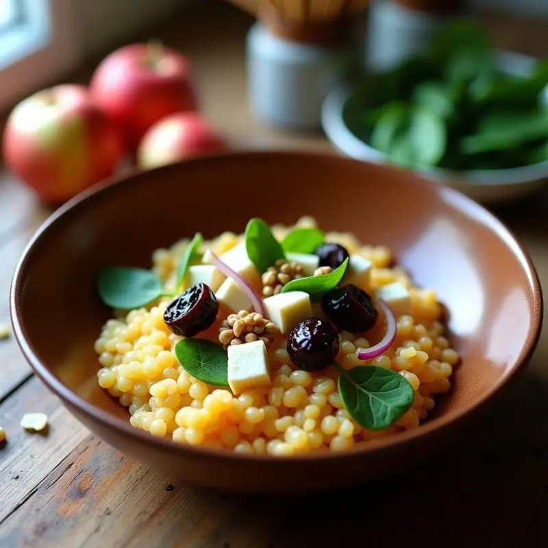 Bowl de trigo sarraceno dorado con ciruelas pasas oscuras, dados de queso de cabra ahumado, espinacas frescas, cebolla morada y manzana verde. Aliñado con nueces picadas y un hilo de aceite de oliva. Receta francesa sin lactosa para tupper.