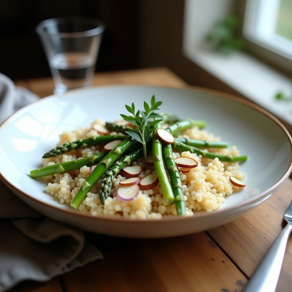 Bowl de trigo sarraceno al dente con espárragos blancos tiernos, cebolla morada salteada y salsa de estragón cremosa. Decorado con almendras tostadas y hojas frescas de estragón, servido en un plato hondo de cerámica blanca sobre fondo rústico.