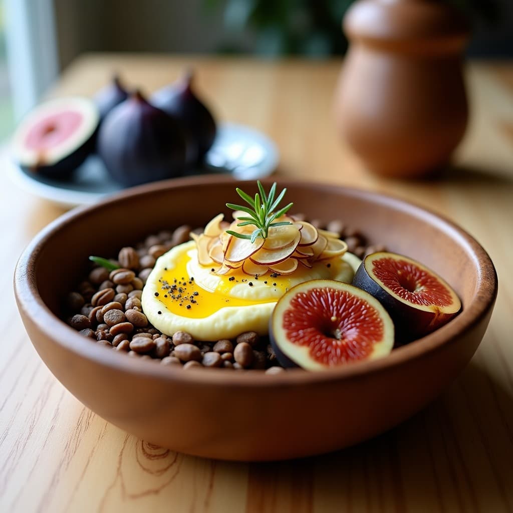 Bowl rústico de madera con sémola de trigo sarraceno como base, higos asados dorados y caramelizados con romero, queso de anacardo cremoso y amarillento por el azafrán, decorado con almendras fileteadas y germinados de rábano. Receta de desayuno francés vegano.