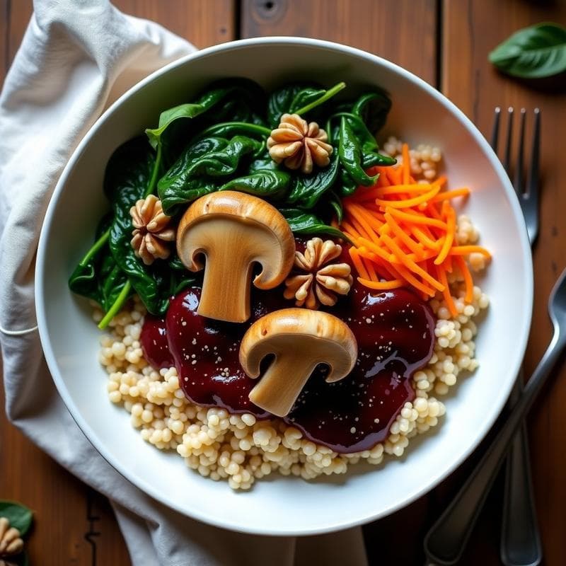 Bowl vegano para tupper con trigo sarraceno, hongos chanterelle dorados, espinacas verdes, zanahoria rallada y nueces troceadas, bañado en reducción de vino tinto brillante. Plato colorido y apetitoso sobre fondo rústico.
