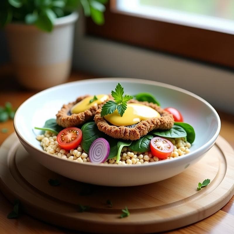 Bowl de trigo sarraceno con hongos portobello rebozados dorados y crujientes, espinacas frescas, tomates cherry y cebolla morada, bañado en salsa de mostaza de Dijon. Receta vegana y sin gluten.