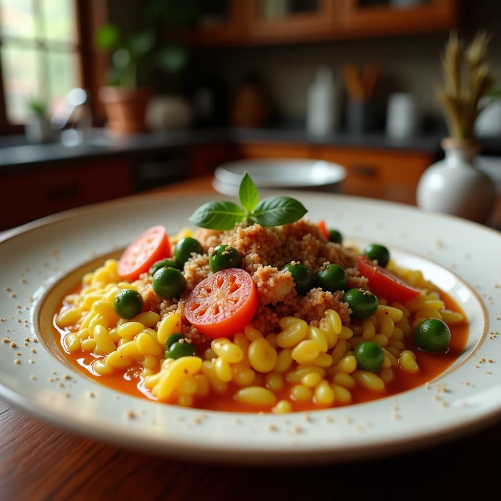 Bowl hondo de cerámica blanca con trigo sarraceno como base, pollo dorado al sésamo, verduras salteadas coloridas (pimiento rojo, calabacín y cebolla morada) y semillas de sésamo negro y blanco espolvoreadas. Acompañado de cilantro fresco picado y un chorrito de aceite de sésamo tostado. Receta de desayuno chino keto.