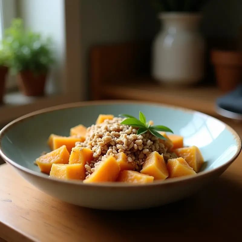 Bowl de desayuno tropical vegano con yaca madura desmenuzada, leche de coco, rodajas de plátano, granola de coco dorada y semillas de sésamo espolvoreadas, servido en un plato blanco sobre fondo rústico.