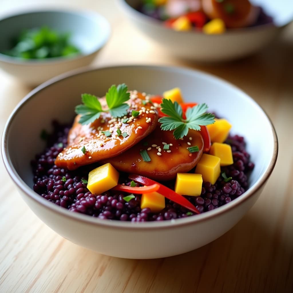 Bowl japonés de arroz morado con tiras de pollo yakitori glaseado, cubos de mango fresco, cebolla morada, pimiento rojo y semillas de sésamo. Plato colorido y equilibrado con toque dulce-salado.