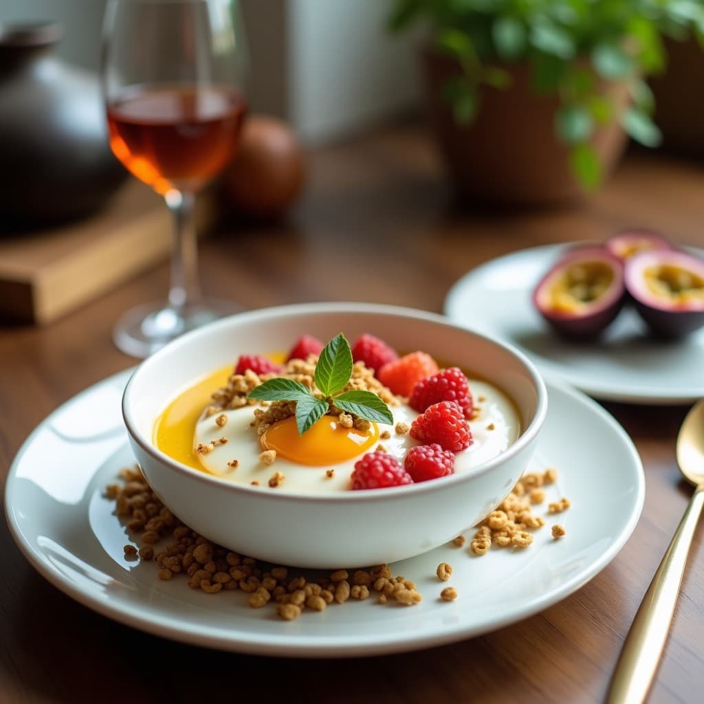 Bowl de desayuno vegano con yogur de coco cremoso, granola dorada de pipas de girasol y calabaza, fruta de la pasión abierta mostrando su pulpa amarilla, arándanos frescos, coco rallado y hojas de menta, servido en un plato blanco sobre fondo de madera clara.
