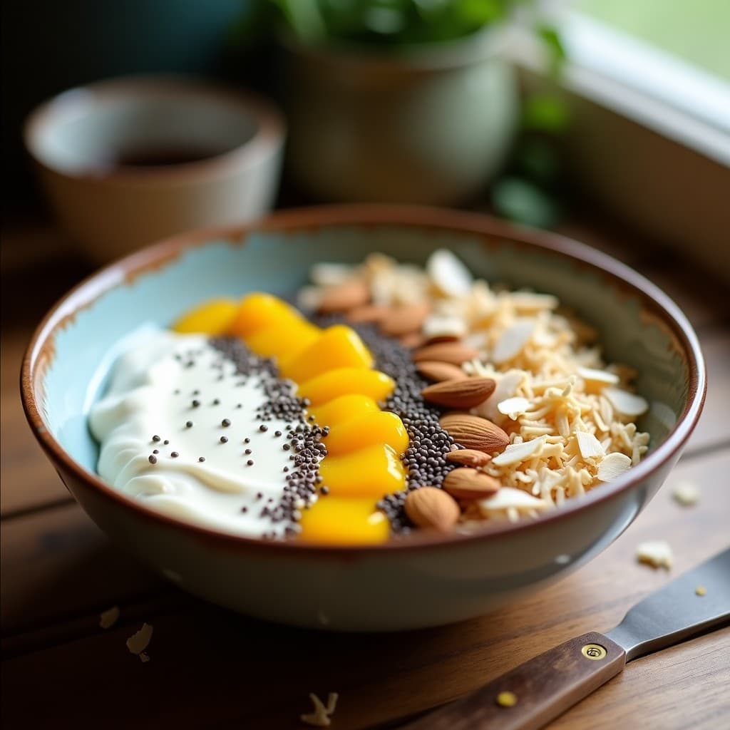 Bowl de desayuno colombiano con yogur griego cremoso, pulpa de granadilla amarilla, semillas de chía negras, almendras fileteadas y coco rallado, servido en un plato blanco sobre fondo rústico.