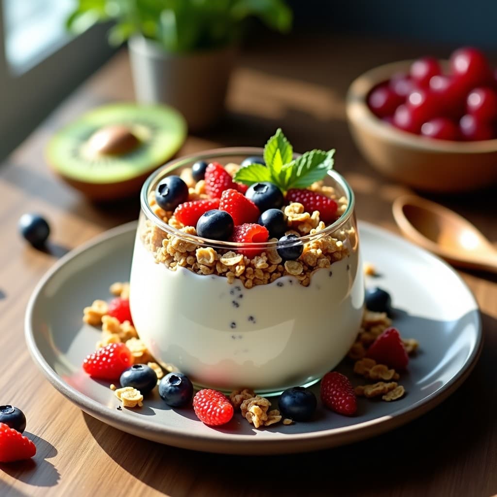 Bowl de cristal transparente con capas de yogur griego cremoso, granola dorada de quinoa y avena, moras de goji rojas, arándanos azules, kiwi verde y semillas de chía. Desayuno energético y alto en fibra con texturas crujientes y cremosas.