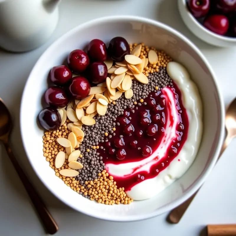 Bowl de Yogur Griego con Salsa de Cereza y Crujiente de Amaranto: Desayuno Alto en Proteína y Energético