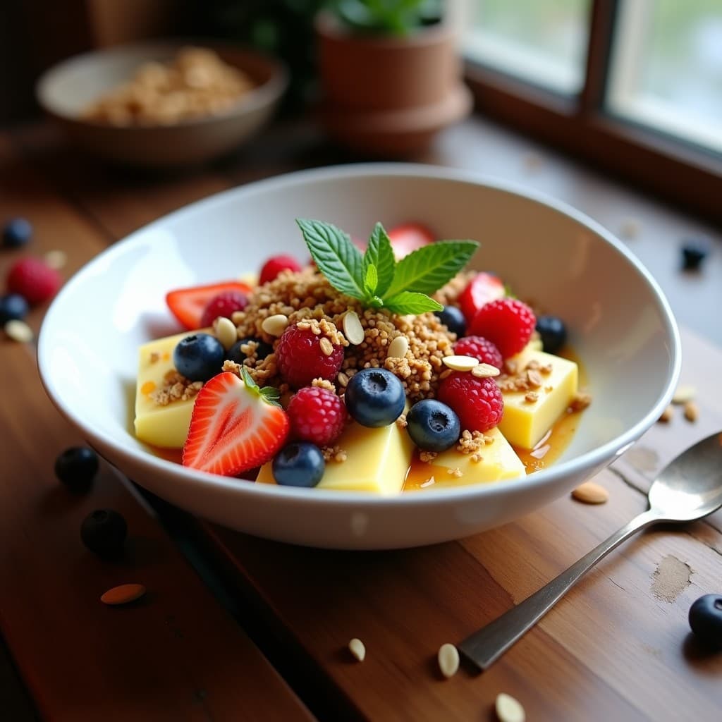 Bowl colorido con yogur de coco cremoso, cubos de yuca achira dorada, frutos rojos frescos y granola de quinoa crujiente, decorado con hojas de menta sobre fondo rústico de madera.