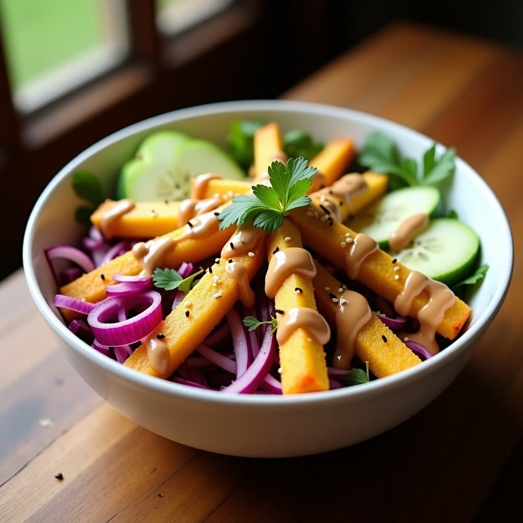 Bowl colorido con yuca asada dorada y crujiente, acompañada de manzana verde, pepino, repollo morado y cebolla morada. Aderezo cremoso de cacahuete y chile vertido por encima, decorado con semillas de sésamo y cilantro fresco. Receta brasileña vegana.
