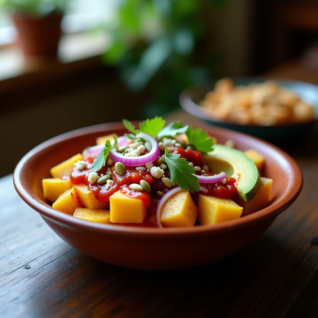Bowl hondo de barro con yuca asada dorada, aguacate en cubos verdes, cebolla morada, cilantro fresco y salsa de chile guajillo roja vertida encima. Decorado con pepitas de calabaza y queso fresco desmenuzado sobre fondo rústico de madera.