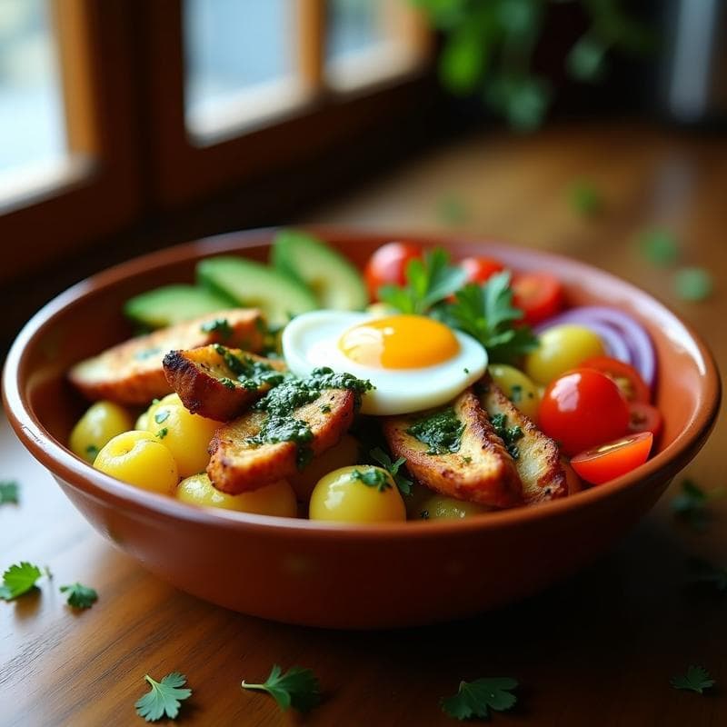 Bowl colorido con bastones dorados de yuca asada, tiras de pollo al chimichurri, aguacate en cubos, tomate, cebolla morada y huevo duro, decorado con perejil fresco y salsa chimichurri verde. Receta colombiana en airfryer.