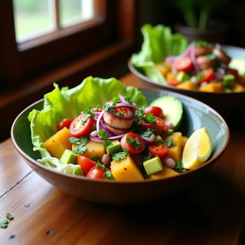 Bowl colorido con base de lechuga romana, rodajas doradas de yuca asada, trozos de pulpo a la plancha, aguacate, tomate y cebolla morada, coronado con chimichurri verde vibrante. Receta peruana alta en proteína.