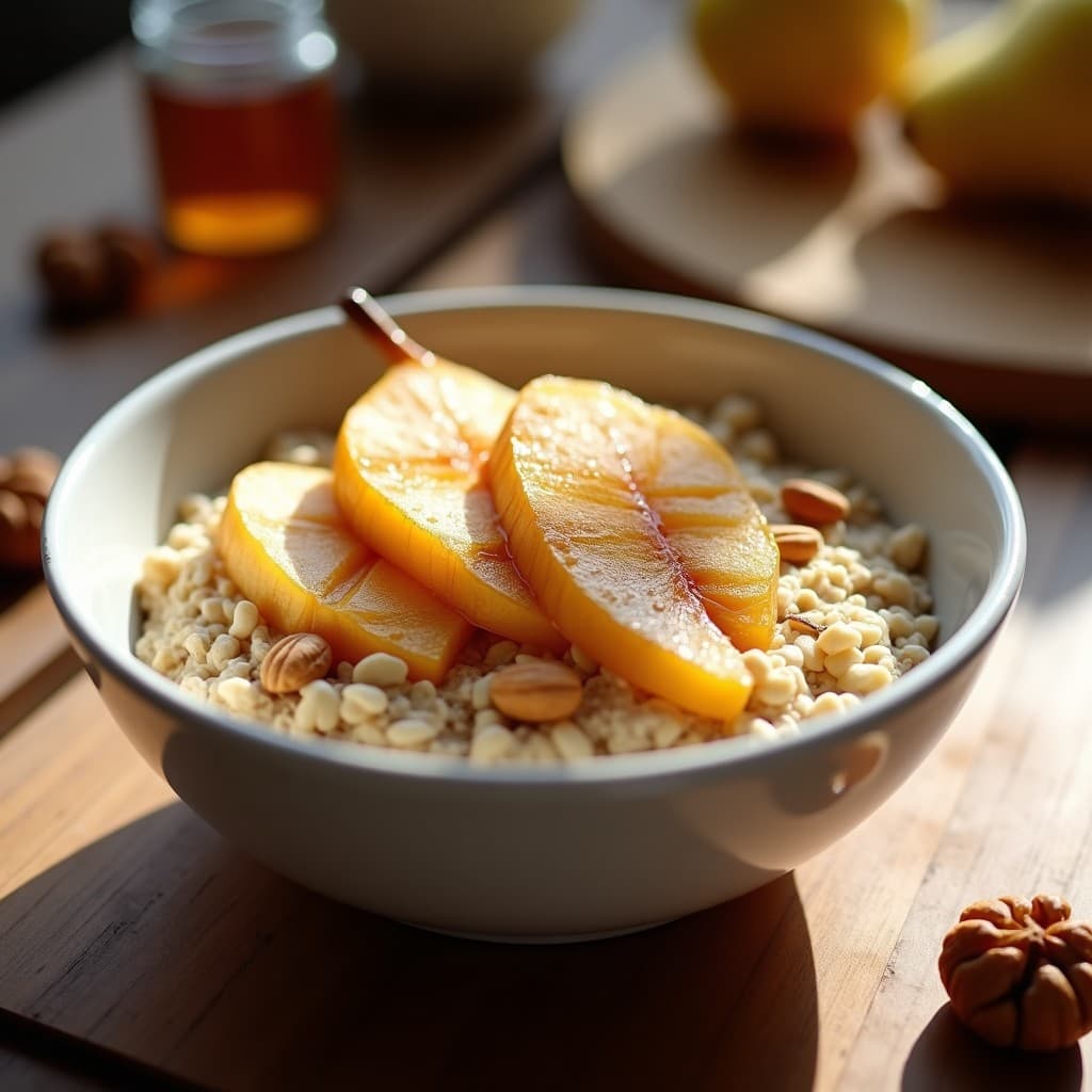 Bowl rústico de cerámica blanca con base de avena cremosa, gajos de pera asada dorada, virutas de queso Zamorano sin lactosa, nueces tostadas y semillas de lino, decorado con un hilo de miel y canela espolvoreada. Desayuno asturiano sin lactosa y energético.