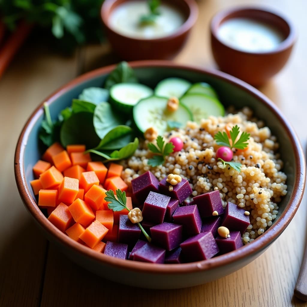 Bowlero peruano vegano y sin gluten con batata morada asada, quinoa, espinacas, zanahoria morada, pepino y manzana verde, cubierto con aderezo cremoso de cacahuete y sésamo tostado, decorado con semillas de chía y cilantro fresco.