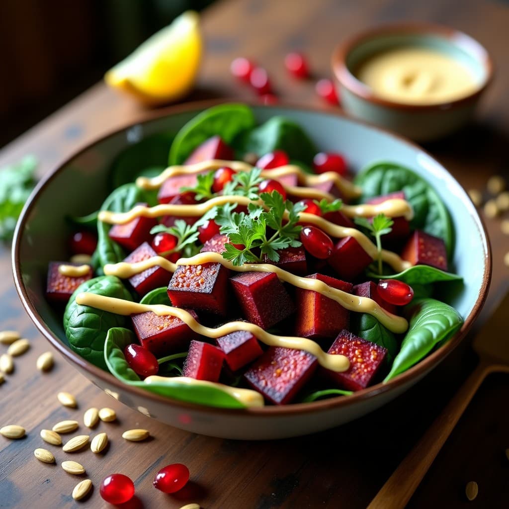 Bowl vegano con base de espinacas frescas, cubos dorados de batata morada asada, semillas de granada rojas, cilantro verde y un crujiente de semillas de girasol y calabaza tostadas, todo bañado con un aderezo cremoso de tahini. Receta de bowls de batata morada y tahini en airfryer.