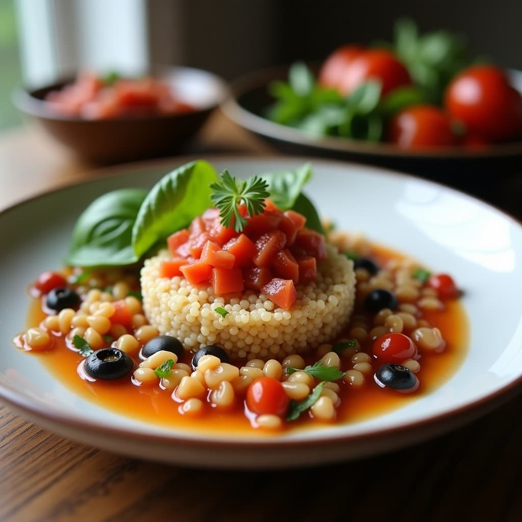 Bowl de cristal transparente con capas de quinoa blanca esponjosa, terrine de salmón rosado en cubos, salsa de frambuesa brillante y decoración de frambuesas frescas, cebollino, eneldo y almendras tostadas. Receta gourmet en tupper lista para llevar.