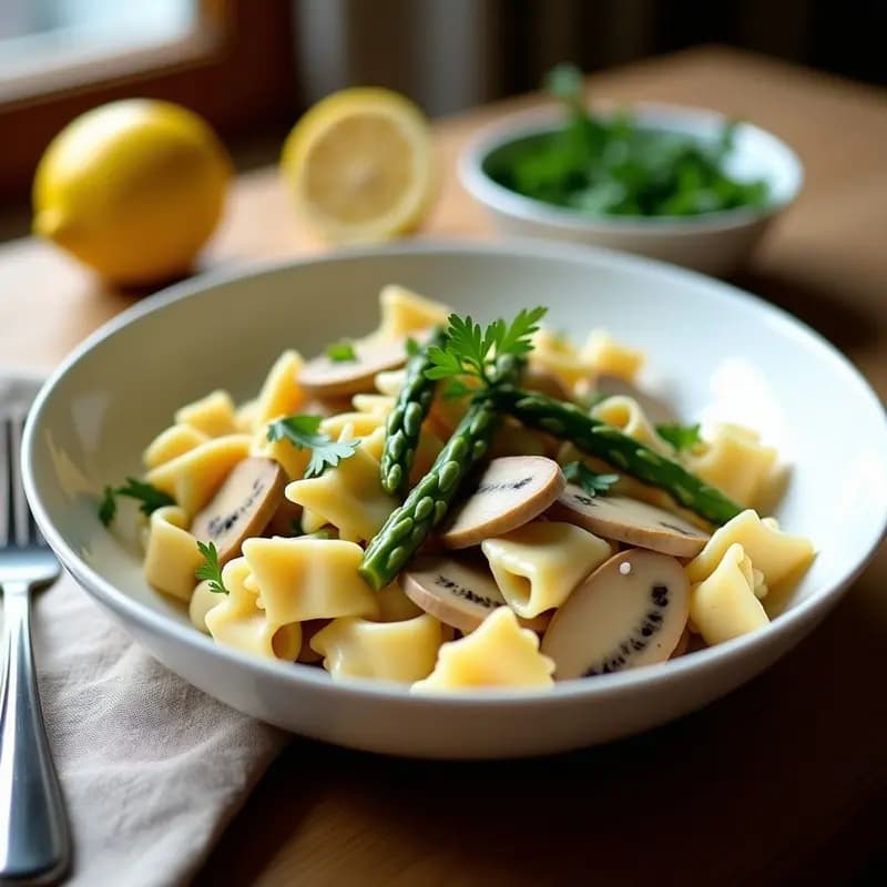Plato hondo blanco con bowtie pasta vegana bañada en una salsa cremosa de color beige, acompañada de trozos de espárragos trigueros verdes y láminas de champiñones portobello dorados. Decorado con perejil fresco picado y una rodaja de limón al lado. Fondo de madera rústica con servilleta de lino.