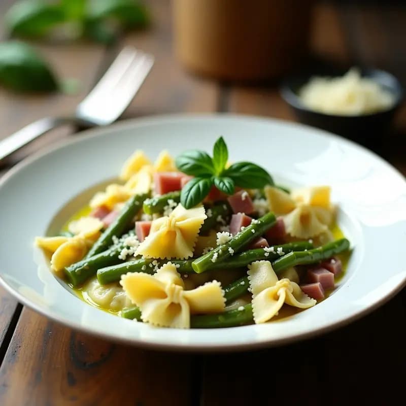 Plato blanco con bowtie pasta bañada en salsa cremosa de espárragos trigueros y jamón serrano, decorada con albahaca fresca y virutas de parmesano, receta italo-española rápida.