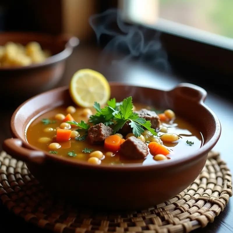Bol hondo de barro con sopa Bozbas uzbeka: caldo dorado con trozos de carne de cordero, garbanzos, zanahoria, nabo y fideos gruesos. Decorado con cilantro fresco y un chorrito de vinagre. Fondo rústico con pan pita tostado.