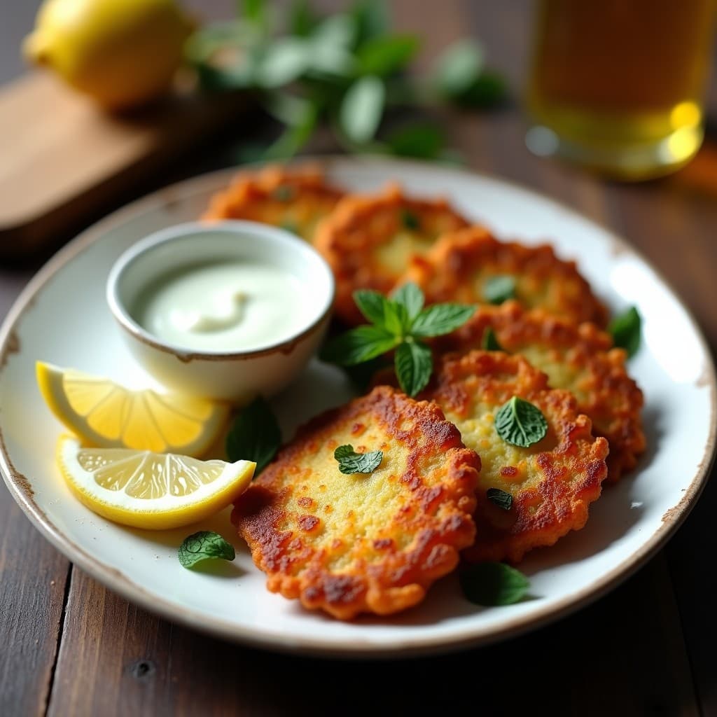 Plato blanco rústico con Bplesh de espinacas y queso Halloumi dorado y crujiente, servido con salsa de limón y yogur griego, decorado con láminas de Halloumi tostado y hojas de menta fresca. Receta griega en Airfryer.