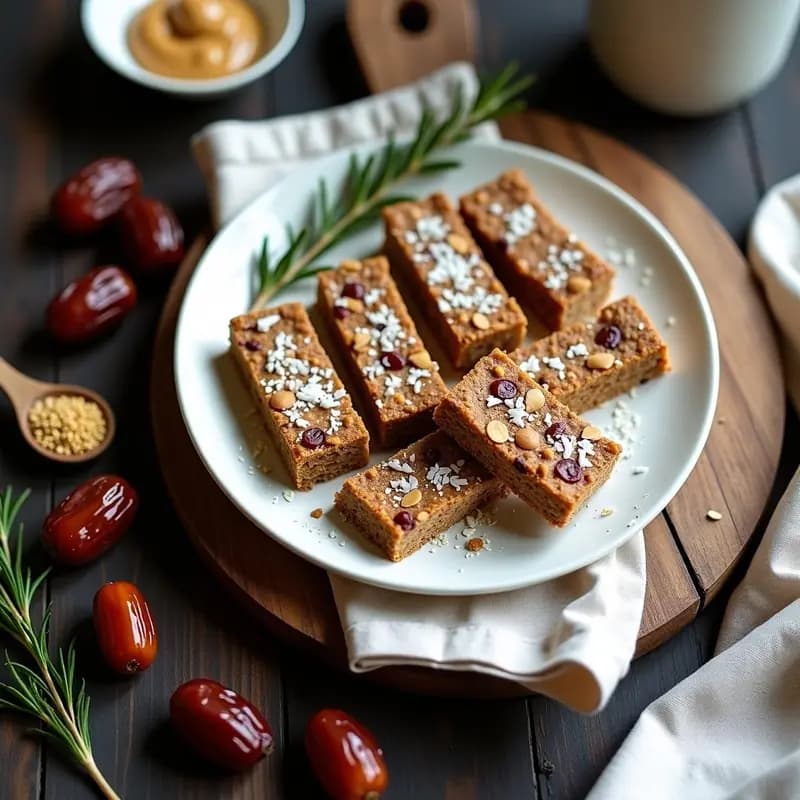 Barritas energéticas irlandesas Brannigans de avena y dátiles, cortadas en porciones alargadas, con coco rallado y arándanos rojos por encima, sobre un fondo de madera rústica.