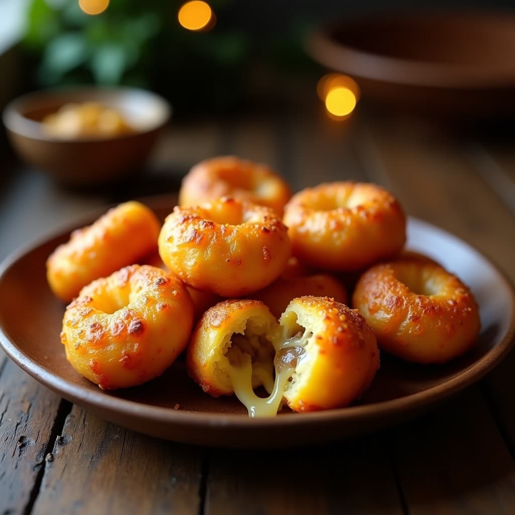 Brasileñas de queso y cebolla caramelizada doradas y crujientes, servidas en un plato de madera oscuro con un toque de pimentón ahumado espolvoreado. Aperitivo argentino sin masa, cocinado en airfryer, con el queso fundido asomando por los bordes.