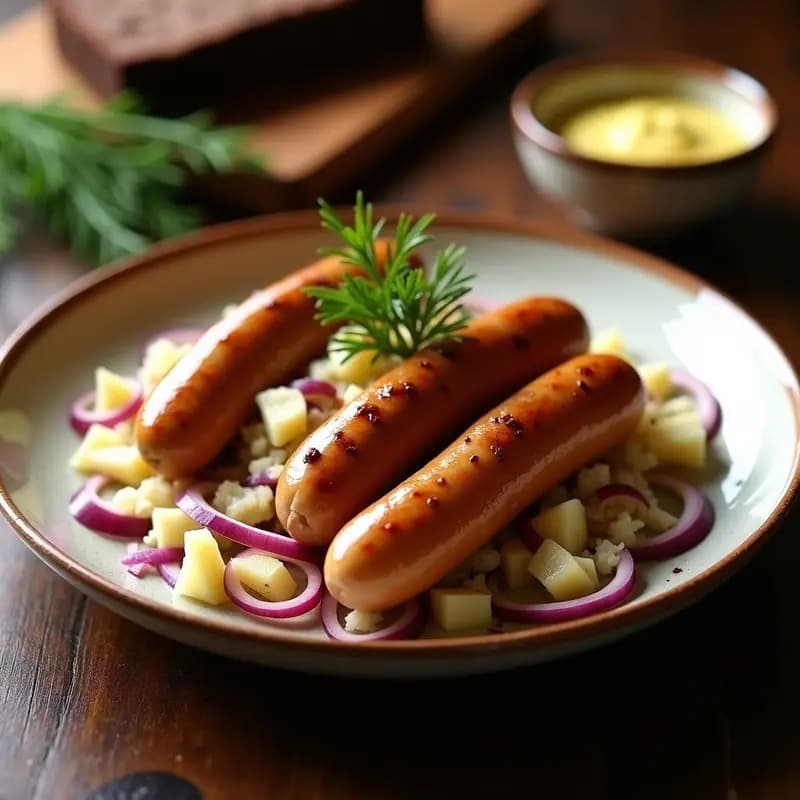 Plato rústico de barro con Bratwurst alemanas doradas sobre un lecho de sauerkraut, acompañadas de mostaza de Dijon en un cuenco pequeño. Manzana verde y cebolla morada asomando entre el chucrut. Fondo de madera oscura con pan de centeno.