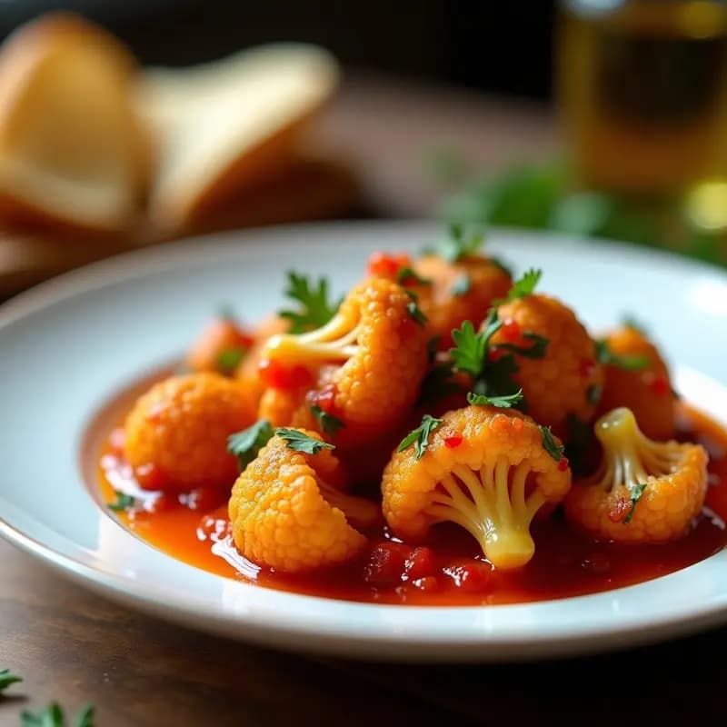 Plato blanco con bravas de coliflor al microondas, ramitos dorados bañados en salsa picante roja, decorados con perejil fresco, sobre fondo rústico de madera.