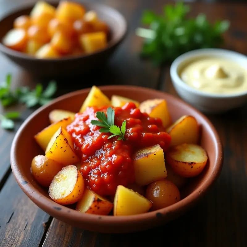 Plato hondo de barro con bravas de patata doradas y crujientes, cubiertas con salsa de pimentón espesa y brillante, acompañadas de un cuenco de alioli cremoso. Receta tradicional mejorada de tapa española.