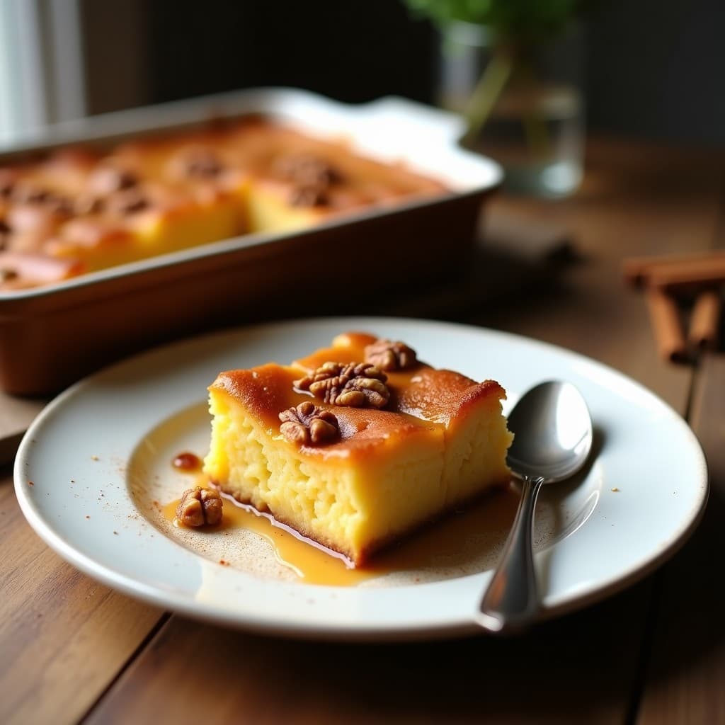Bread pudding de plátano macho y canela en molde rectangular, dorado por encima, con nueces picadas y un toque de canela espolvoreada. Postre venezolano sin azúcar, servido en porción individual sobre plato blanco rústico.