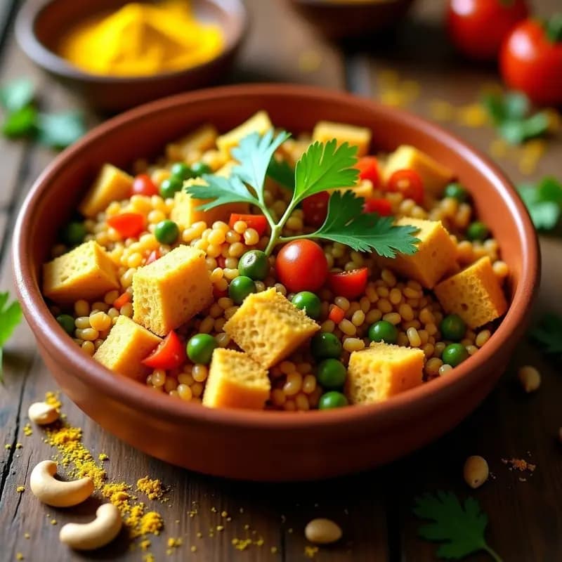 Plato colorido de Bread Upma con verduras, pan sin gluten tostado en cubos, cebolla morada, tomate, pimiento verde y especias indias, decorado con cilantro fresco.