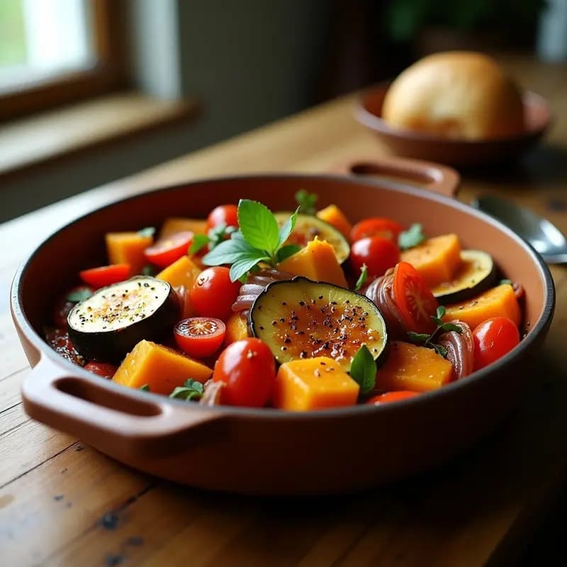 Bandeja de horno rústica con briam griego vegano: capas doradas de calabaza butternut, calabacín, cebolla morada, pimiento rojo y tomate, bañadas en aceite de oliva y especias, decoradas con perejil fresco.
