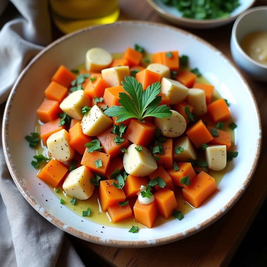 Plato hondo de barro con briam griego vegano: calabaza butternut y zanahoria estofadas en salsa de tomate, bañadas con cremosa salsa de tahini, decoradas con cilantro fresco y almendras fileteadas tostadas. Receta tradicional adaptada a olla exprés.