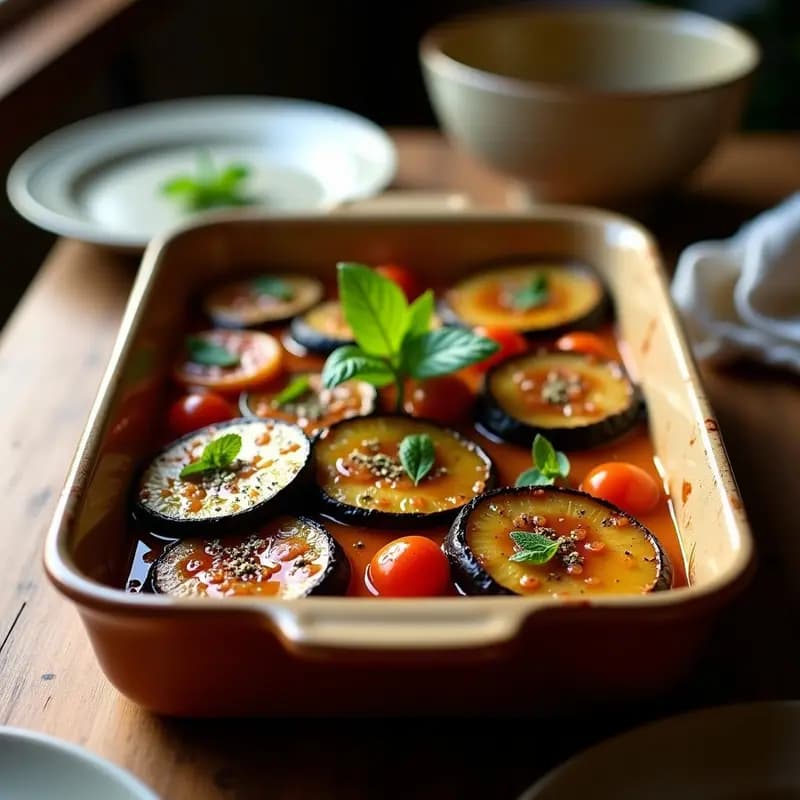 Fuente de barro con briam griego horneado: capas de berenjena, calabacín, tomate y patata doradas, bañadas en aceite de oliva y orégano fresco, con un fondo rústico de madera.