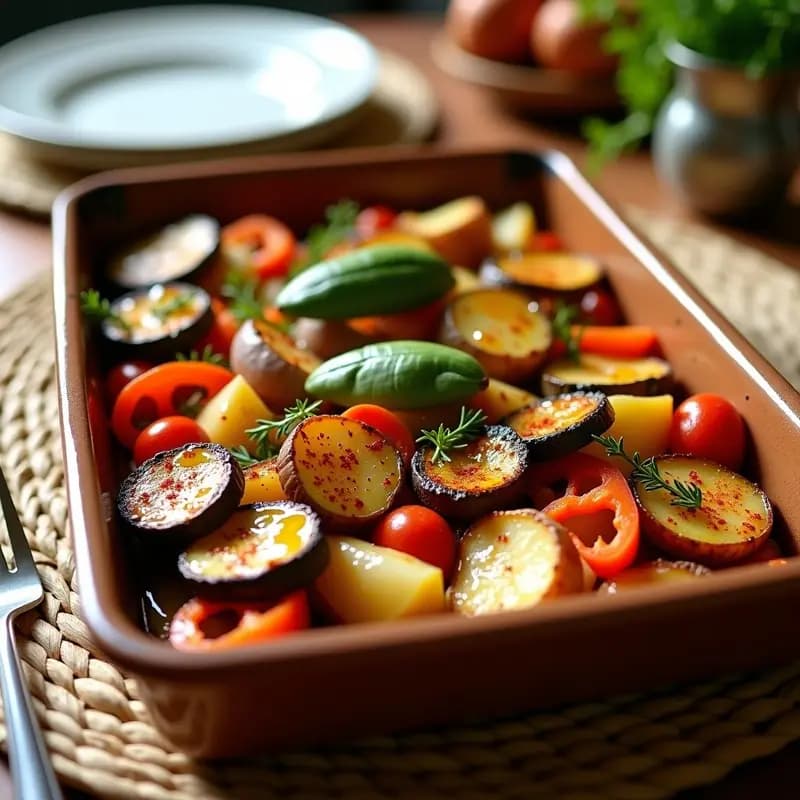 Bandeja de horno rectangular con Briam griego de verduras asadas: rodajas de berenjena, calabacín, pimiento rojo y patatas doradas, bañadas en aceite de oliva y hierbas provenzales, servidas con un hilo de aceite y pimentón de La Vera por encima.
