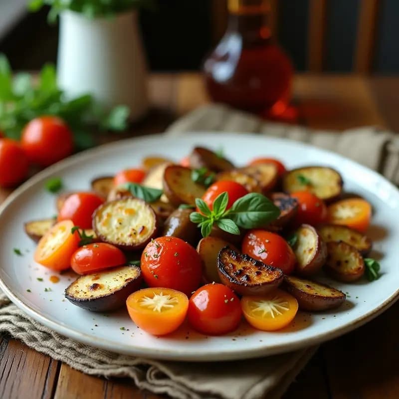Fuente de barro al horno con Briam Griego: capas doradas de berenjena, calabacín, patata, tomate y pimiento, bañadas en aceite de oliva virgen extra y espolvoreadas con orégano fresco y perejil. Plato tradicional mediterráneo con textura melosa y bordes caramelizados.