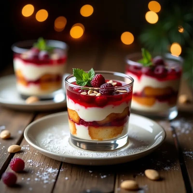 Bri am de Panettone y Mascarpone servido en copa de cristal transparente, con capas visibles de panettone, crema de mascarpone y salsa de frutos rojos. Decorado con frutos rojos frescos y almendras laminadas tostadas sobre fondo navideño.