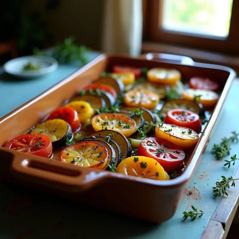 Fuente de horno rectangular con Briam griego: capas doradas de berenjena, patata, calabacín y tomate, bañadas en aceite de oliva y hierbas aromáticas, receta tradicional adaptada para Thermomix.
